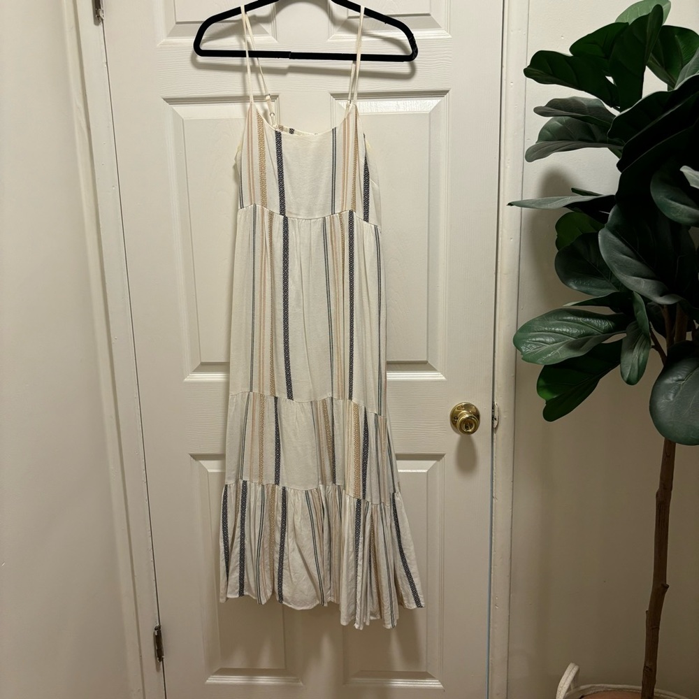 White striped midi dress, flowy and easy to throw on.